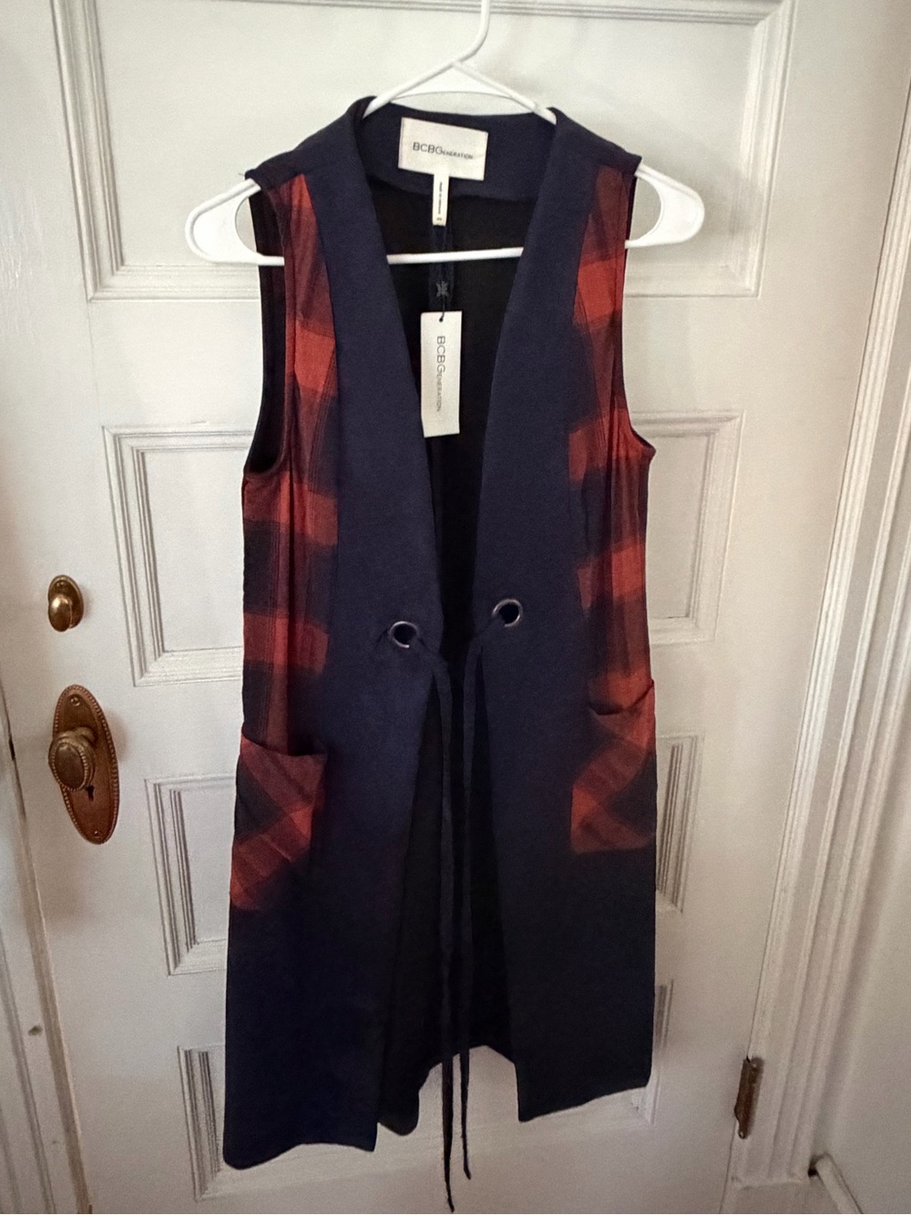 BCBGeneration Navy Vest with Red Plaid Panels